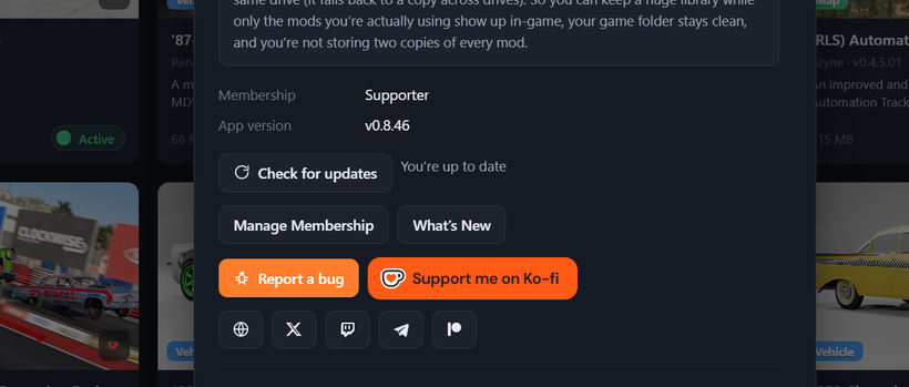BeamNG Mod Manager Settings page update section. Learn more about BMM at BeamModManager.xyz.