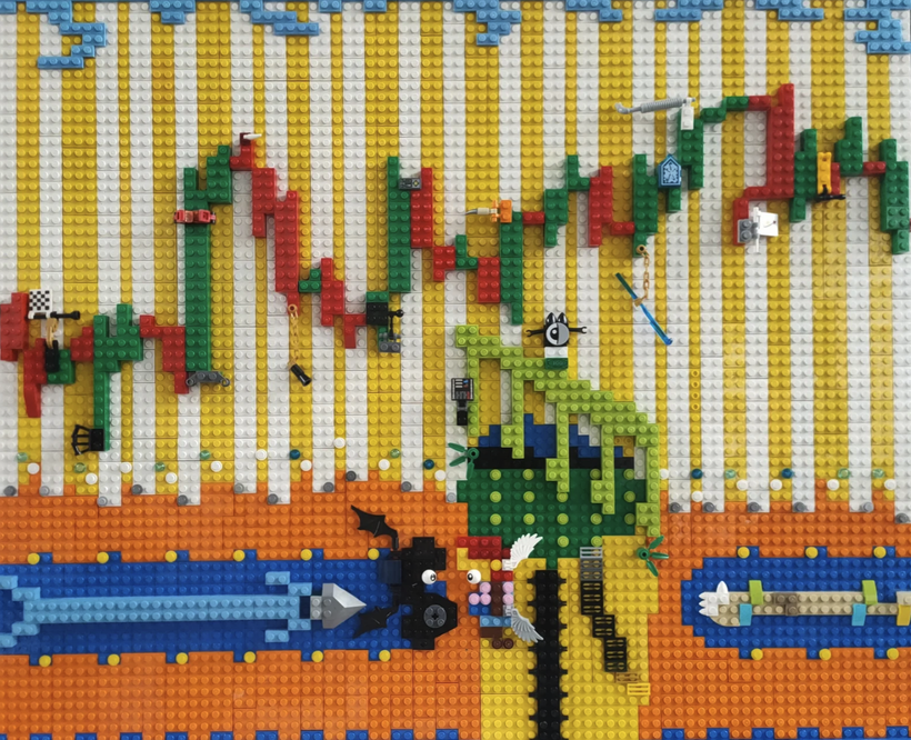 An Xiaotong, Superheroes, mixed media/Lego Blocs, 2022-23 4/5 × 28 1/2 in | 60.5 × 72.4 cm.