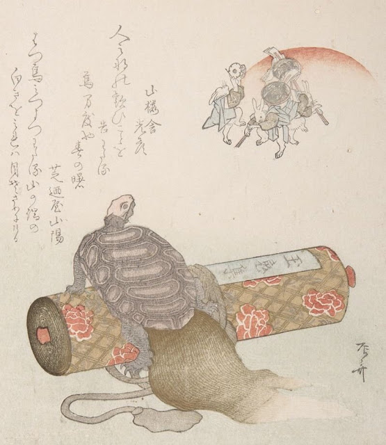 a minogame with what is likely one of Makimono, the scrolls of wisdom/longevity