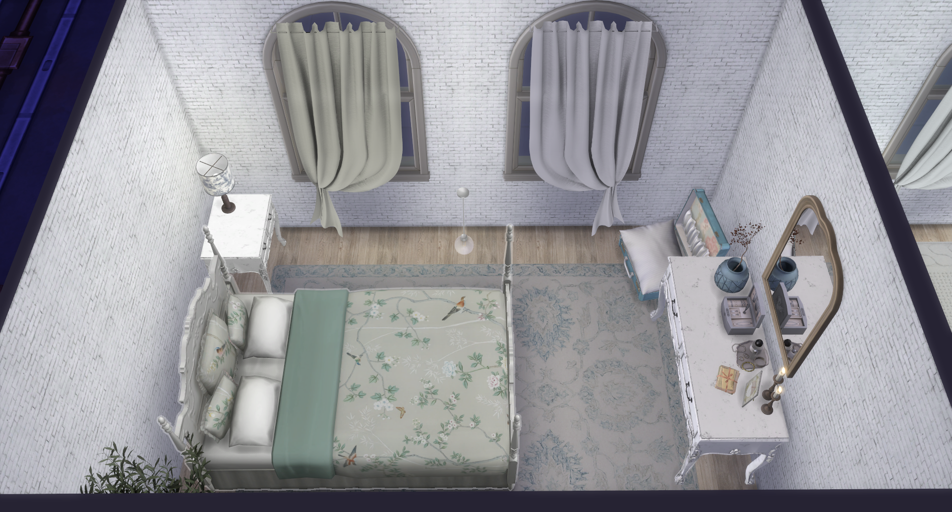 First bedroom in the shabby chic Stonestreet Apartment 3 renovation in The Sims 4