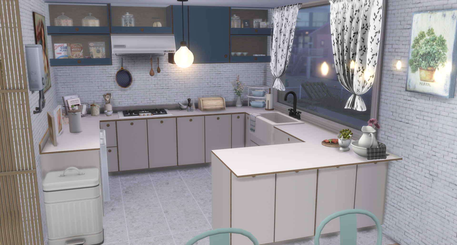 The Sims 4 shabby chic kitchen with white cabinetry, dark blue upper cabinets, white brick walls, and vintage accessories