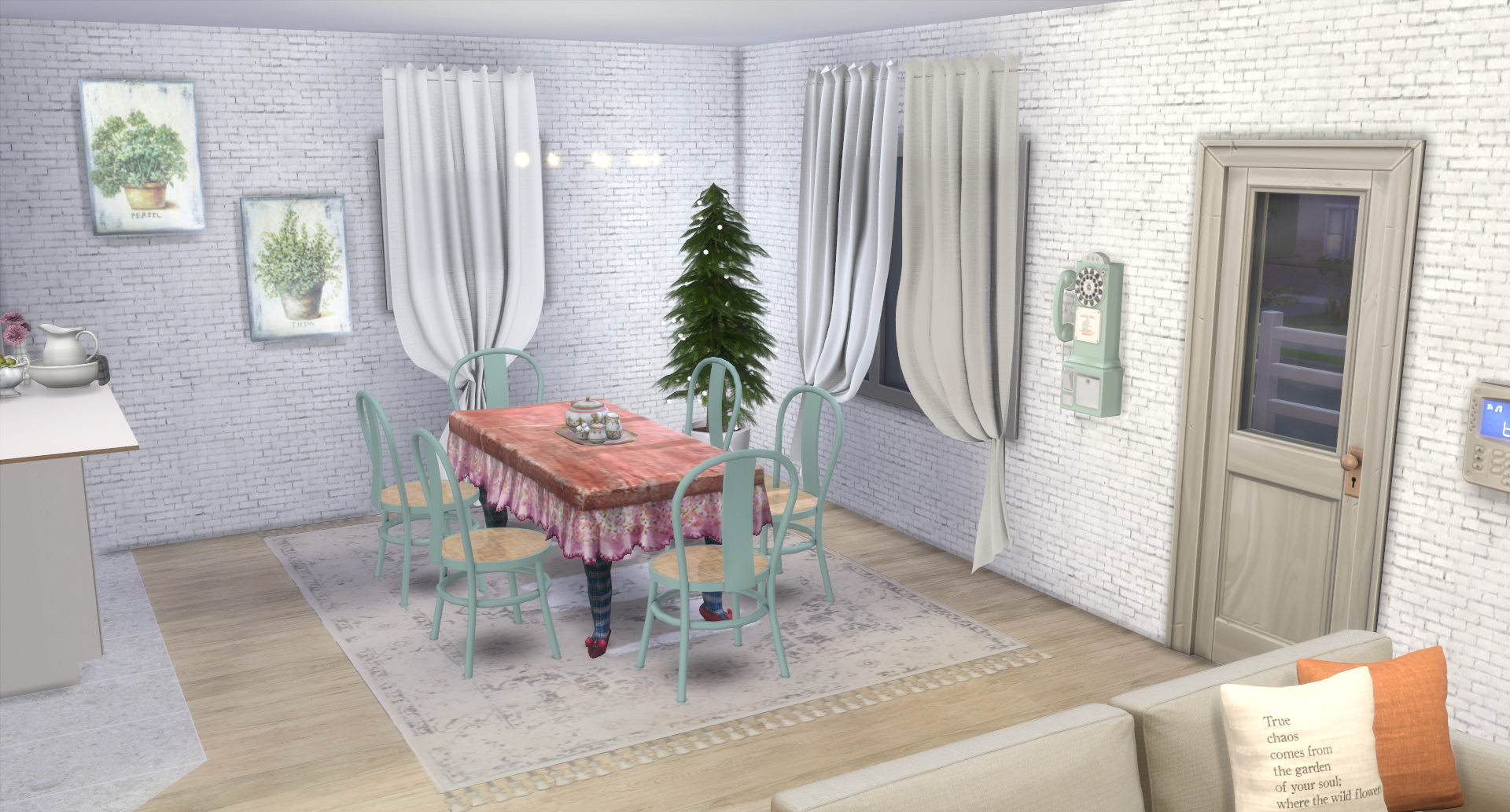 Vintage-inspired dining area with mint green chairs, a pink ruffled tablecloth, botanical artwork, and white curtains in The Sims 4