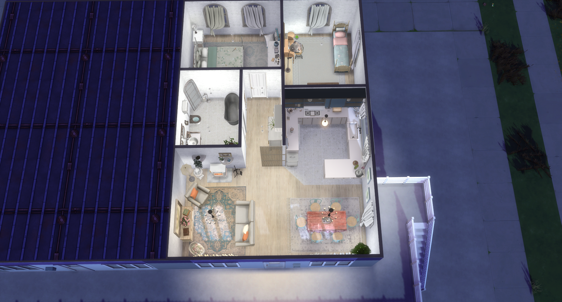 Overhead view of the renovated Stonestreet Apartment 3 in The Sims 4