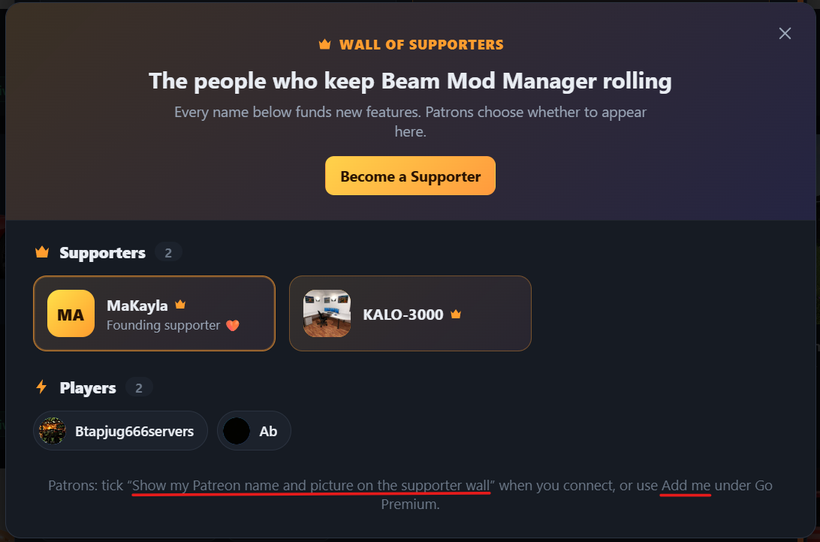 Wall of Supporters in the Beam Mod Manager app