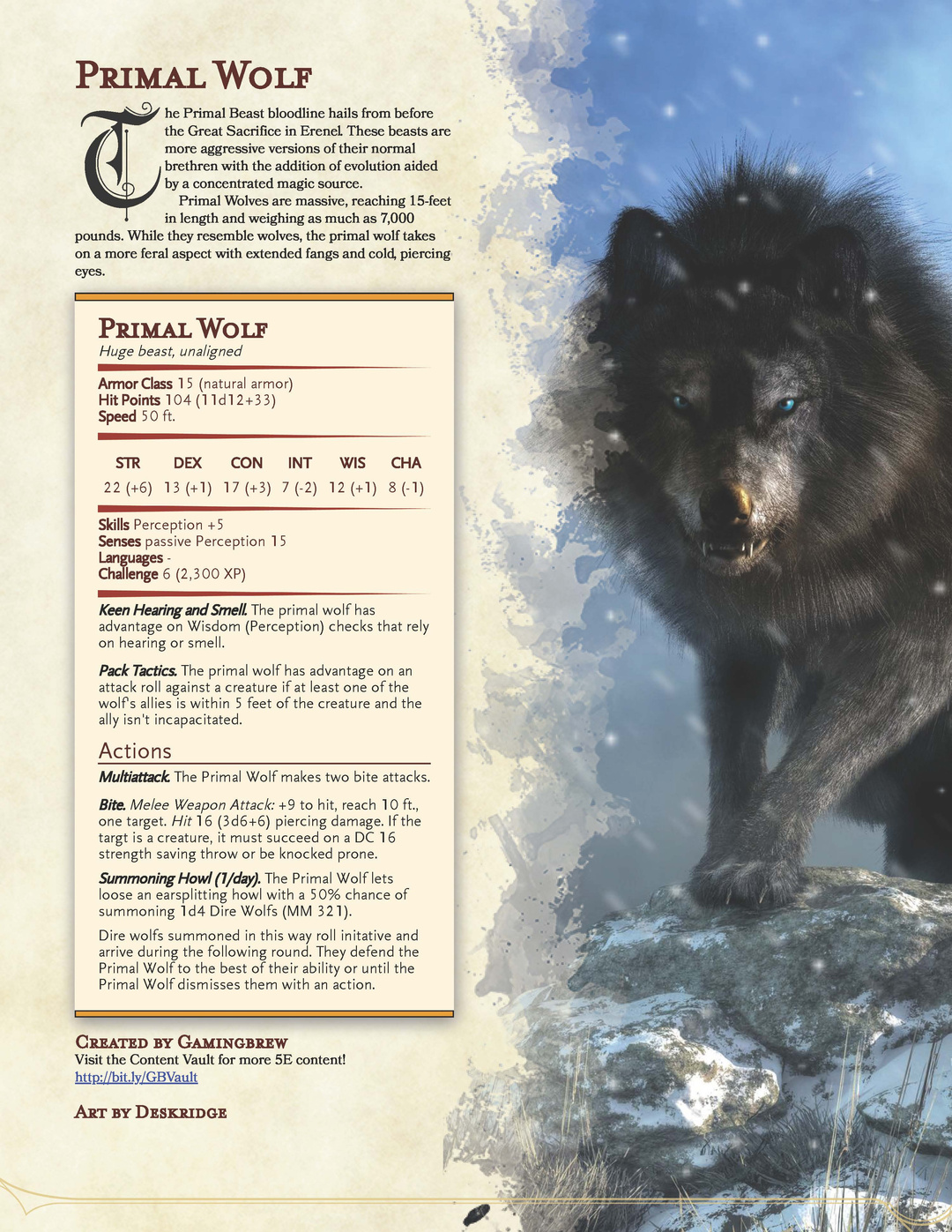 Primal Wolf | Creature Statblock | Patreon