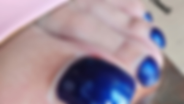 Blue Toenails in Pink Sandals