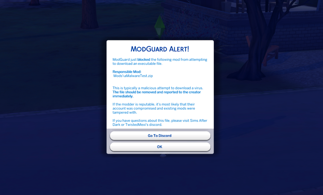 ModTheSims Accounts Compromised With Malicious Virus Uploads 2 ModGuard alert example